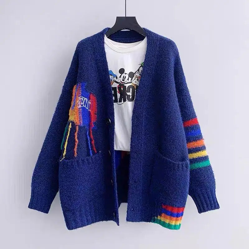 Rainbow Buttons Tassel Knitted Cardigan Sweater - Navy