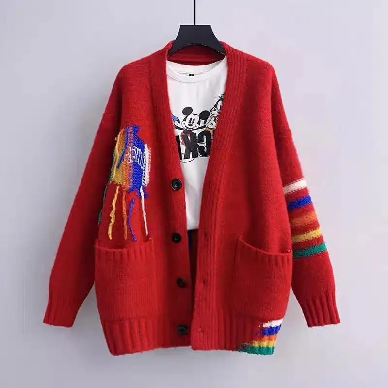 Rainbow Buttons Tassel Knitted Cardigan Sweater - Red