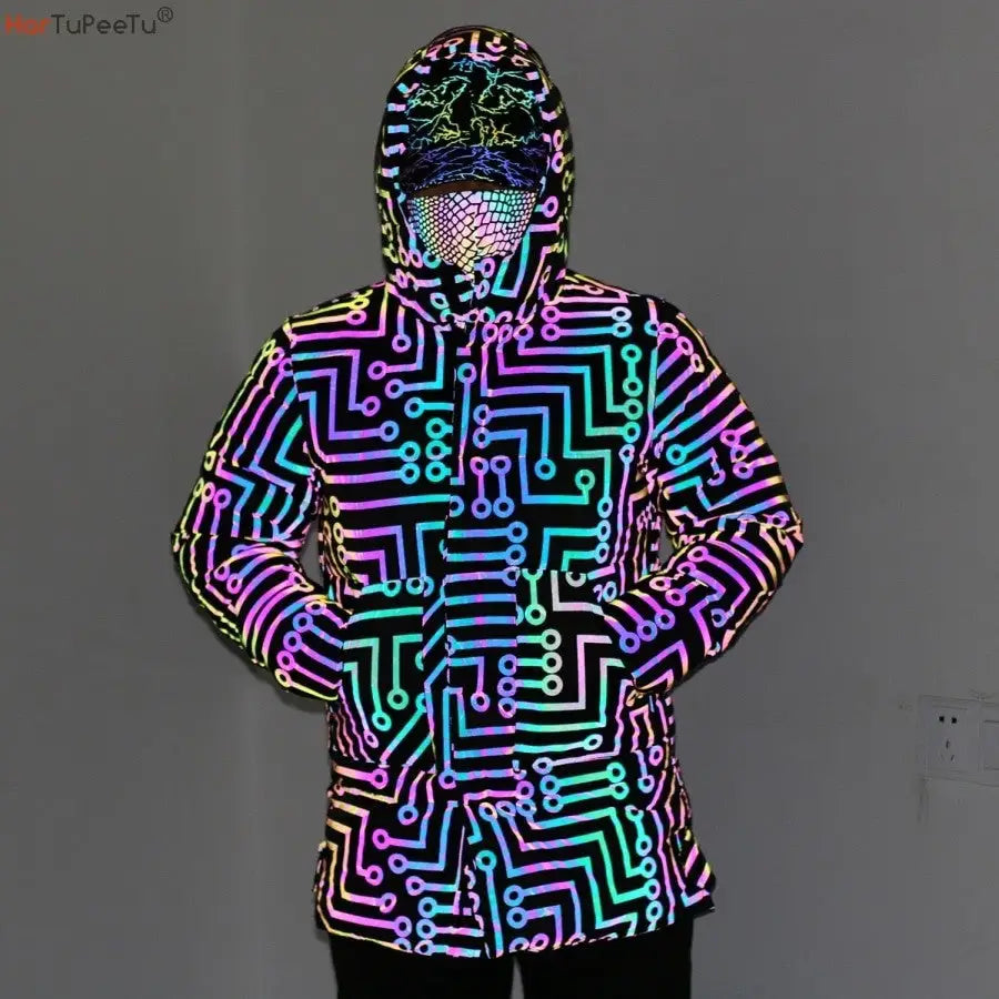Rainbow Reflective Circuit Print Long Coat