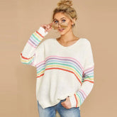Rainbow Striped Knitted Sweater Acrylic Fabric White / S