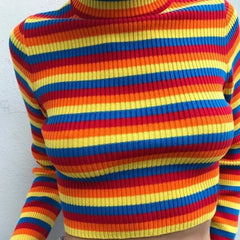 Rainbow Stripped Turtle Neck Sweater - One Size