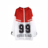 Red and White Contrast Color Long Sunscreen Hooded Jacket