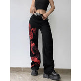 Red Snake Print Wide Leg Pants High Waist Polyester
