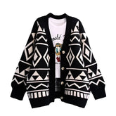 Retro Geometric Diamond Shaped Loose Button Up Cardigan