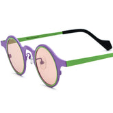 Retro round frame sunglasses with bold colorful lens detail showcasing vibrant material quality and 90s style design.