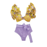 Ruffle Swimsuit Bikini with Yellow Flowers High Waist Skirt