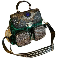 Shiny Rhinestone Evil Eye Multi-pocket Backpack - Green 1