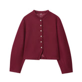 Short Round Neck Single Breasted Buttoned Closure Jacket in burgundy, featuring O-neckline and buttoned front for casual chic and professional style.