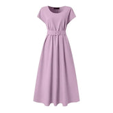 Solid Color Belted Short Sleeve O-Neck Dress