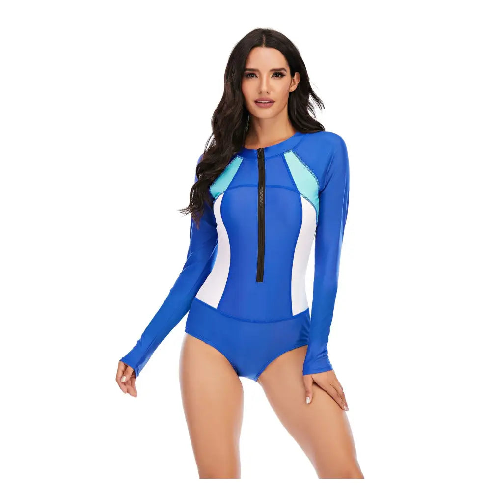 Solid Color One-piece Long-Sleeve Swimwear - Blue / S