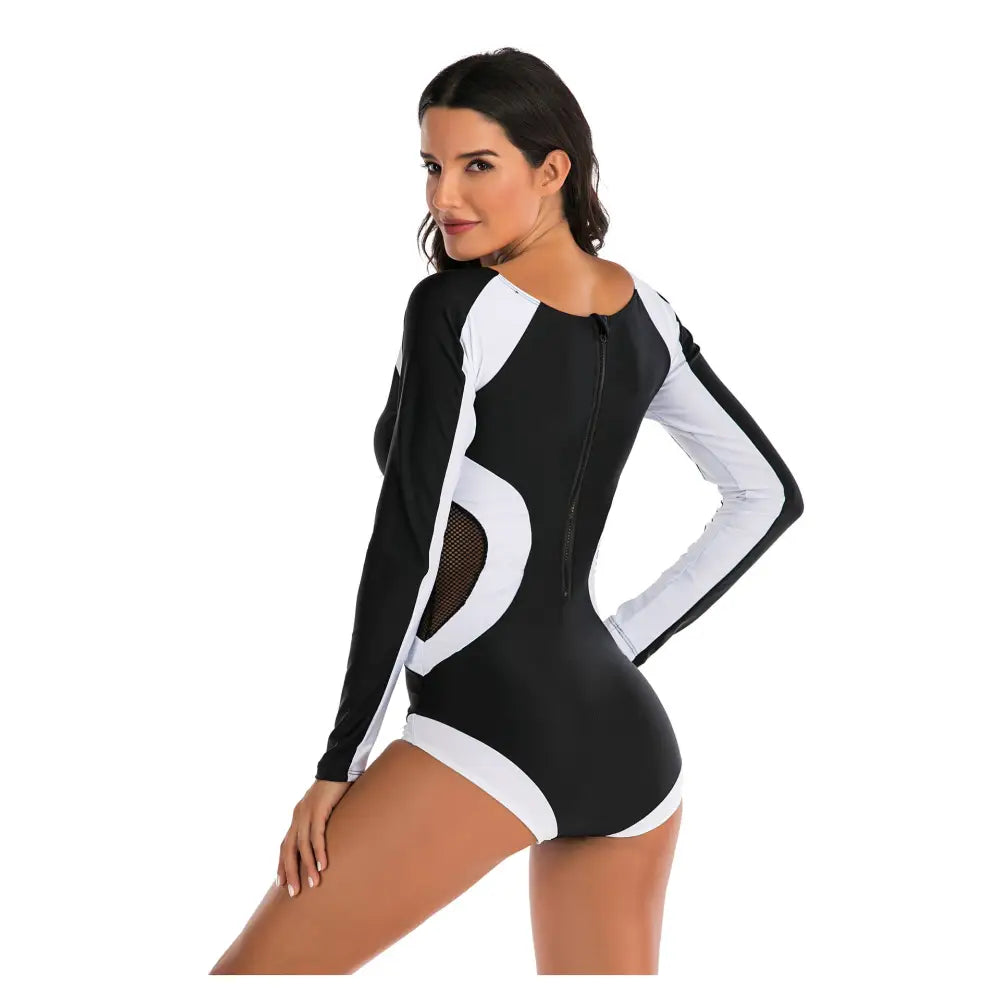 Solid Color One-piece Long-Sleeve Swimwear - Swimsuits