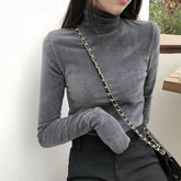 Solid Color Velvet Turtleneck Long Sleeve Blouse