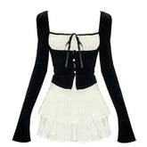 Square Collar Long Sleeve Set Top + Tiered Ruffles Skirt