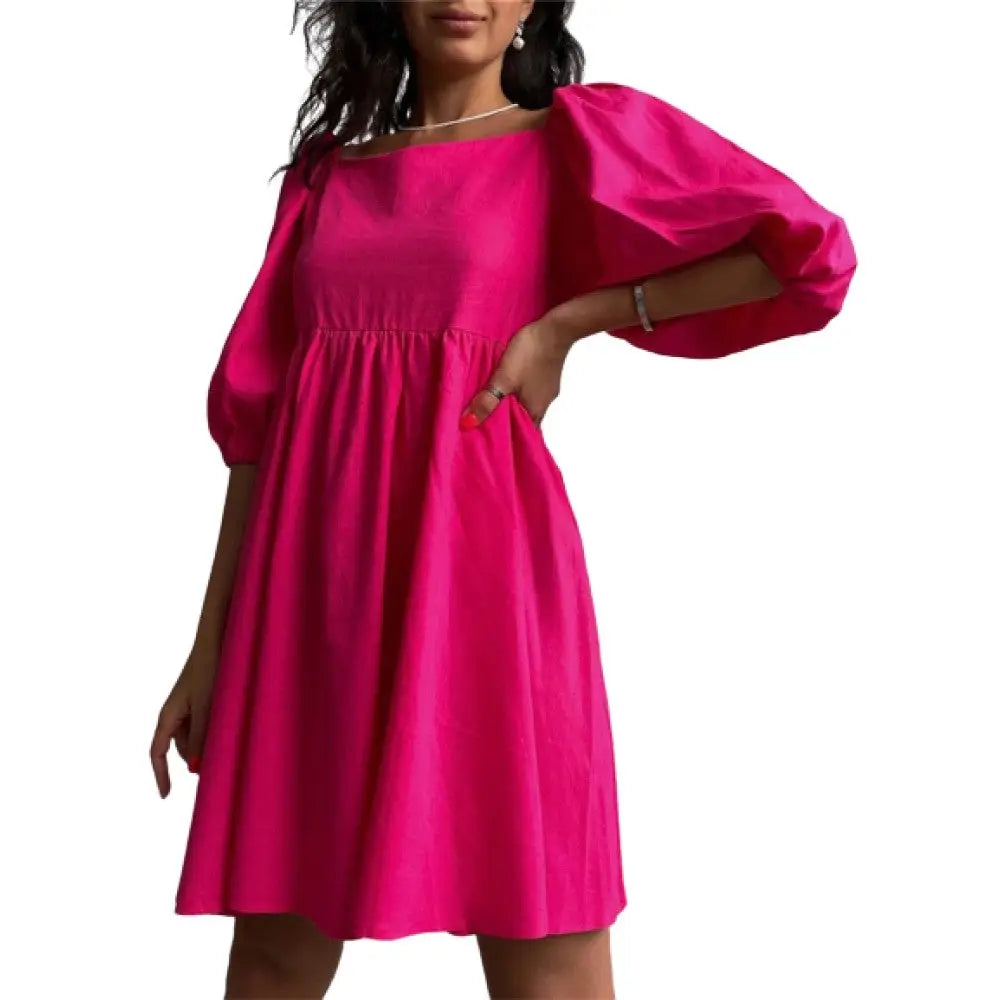Square Neck Backless Puff Sleeve Loose Dresses - UrbanWearOutsiders Square Neck Backless Puff Sleeve Loose Dresses - UrbanWearOutsiders
