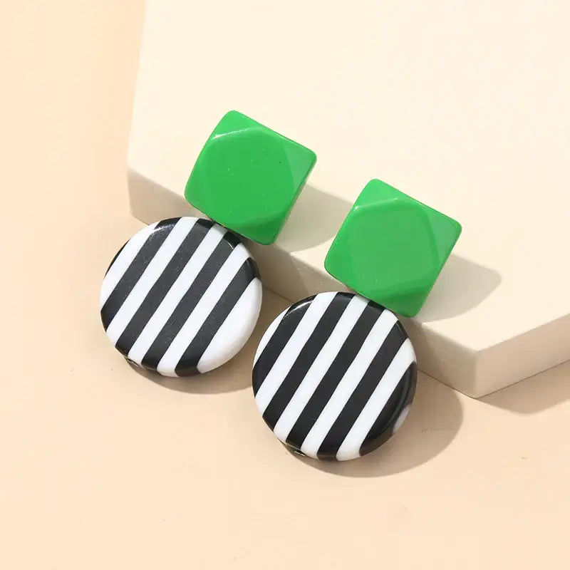Striped Acrylic Round Square Earrings - Green