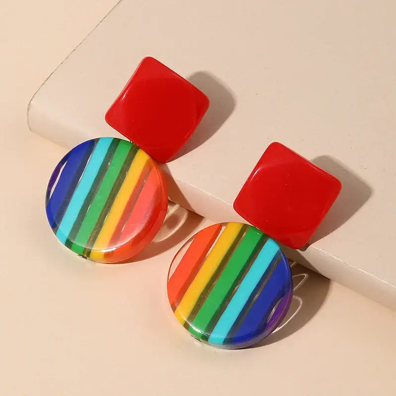 Striped Acrylic Round Square Earrings - Multicolor