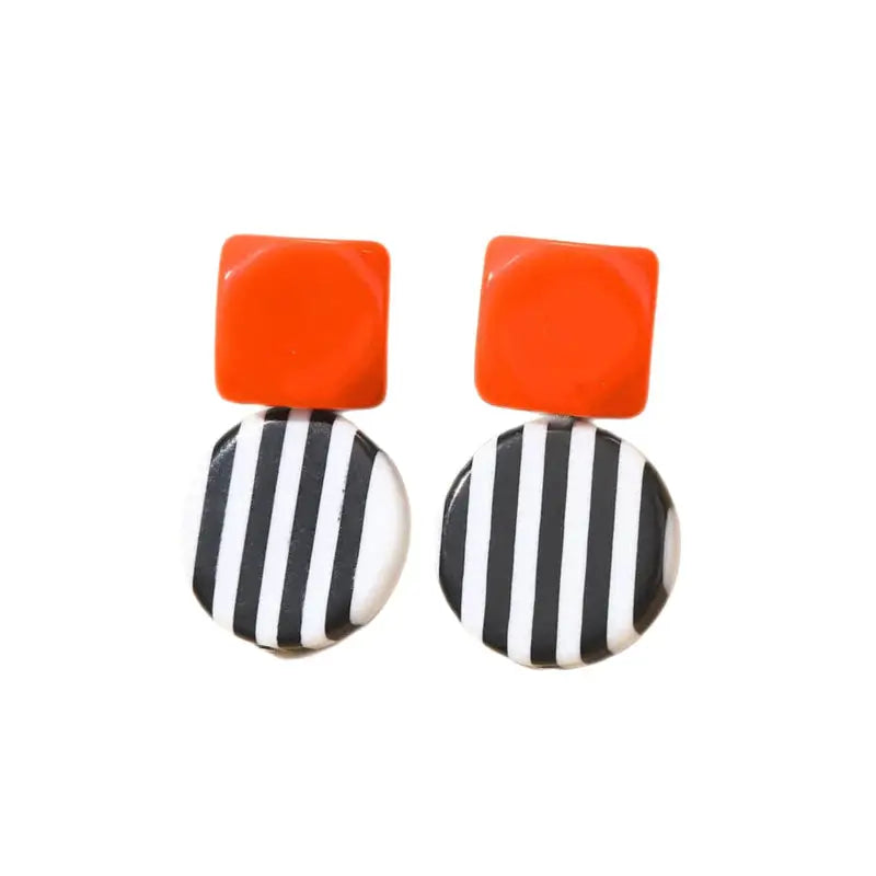 Striped Acrylic Round Square Earrings - Orange