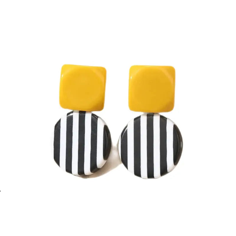 Striped Acrylic Round Square Earrings - Yellow