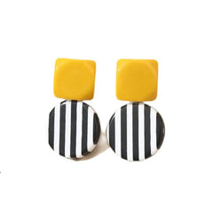 Striped Acrylic Round Square Earrings - Yellow