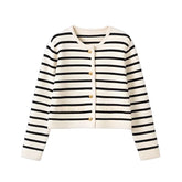 Striped O-Neck Long Sleeve Slim Short Button Sweater