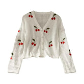 Sweet Cherry Embroidery Crochet V-Neck Sweater