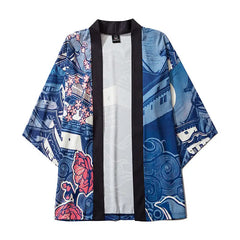 Traditional Japanese Houses Blue 3/4 Sleeve Kimono - M