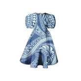 Tribal Print Puff Sleeve Midi Dress with blue and white patterns, featuring a crew neckline and A-line silhouette.