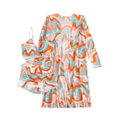 Tropical Print Ruched Drawstring Long Sleeve Bikini Set