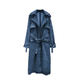 Turn Down Belt Denim Lapel Long Sleeve Trench Coat Blue / M
