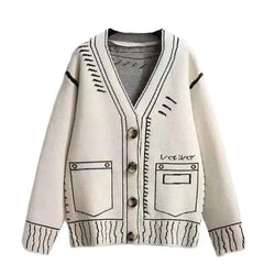 V Neck Loose Button Up Cardigan - White / One Size