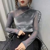 Velvet Blouse High Collar Close Fitting Style Gray / S