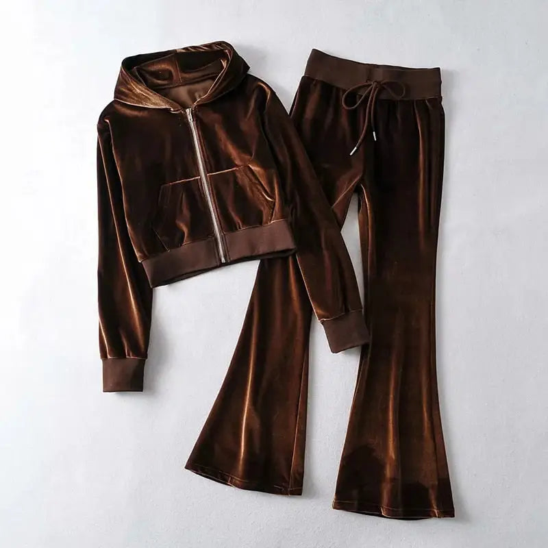 Velvet Zip-Up Cropped Hoodie & Flare Joggers Set - brown