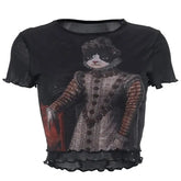 Vintage Cat Duke Round Neck Short Sleeve Mesh Blouse Top