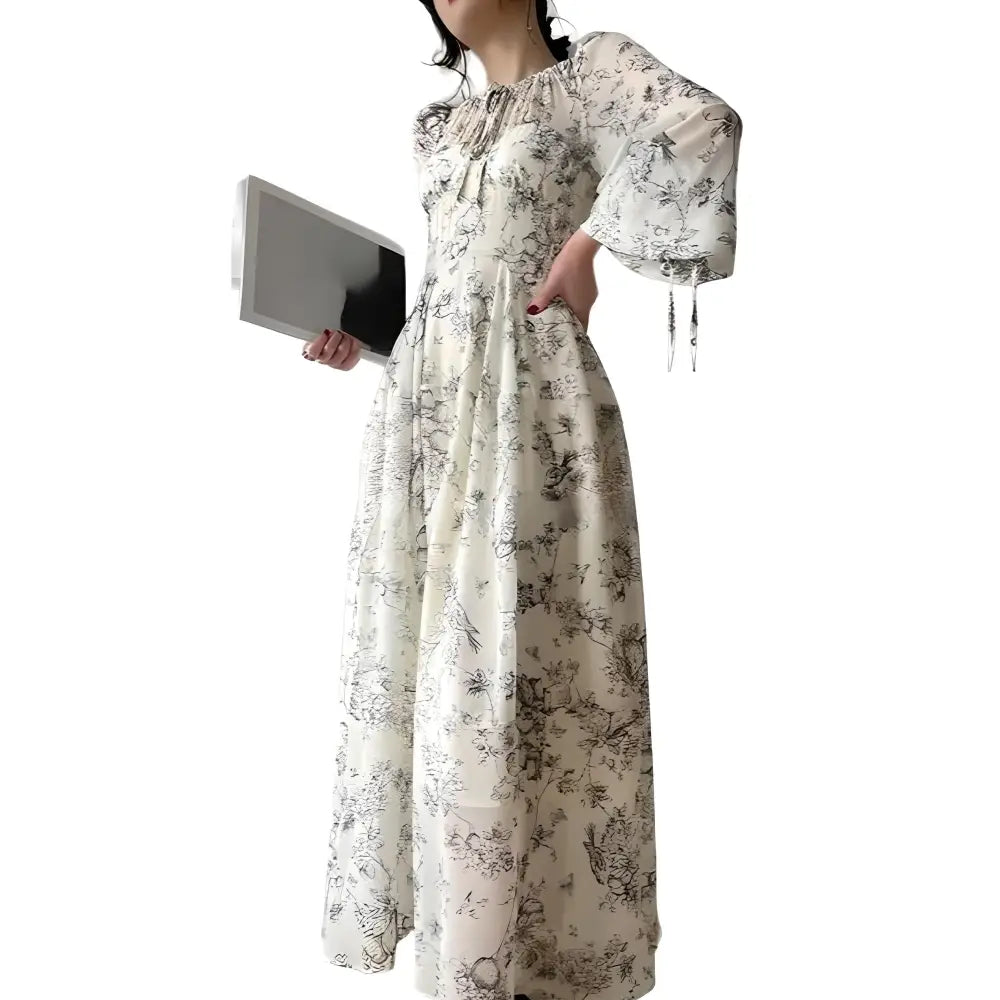 Vintage Elegant Floral Chiffon Dress - Long / S