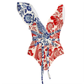 Vintage Floral Print Ruffle Swimsuit Deep V Neck