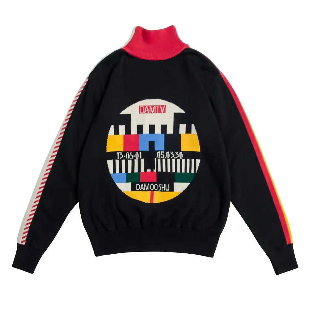 Vintage Geometric Black Turtleneck Sweater - One Size