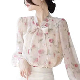 Women’s V Neck Long Sleeve Bow Tie Lace Up Blouse