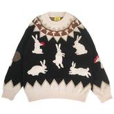 Wool Mushroom Knitted Sweater with Rabbit Print Black