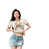 Y2K Cat Embroidery Knitted Crop Top