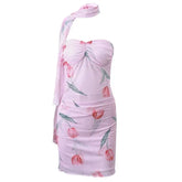 Y2K Floral Strapless Mesh Ruched Top High Waist Skirt Set