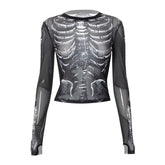 Y2k Gothic Bone Print Black Mesh Sheer Long Sleeve Jersey
