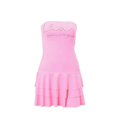 Y2K Sleeveless Slash-Neck Skinny Tiered Sweet Dress - Pink