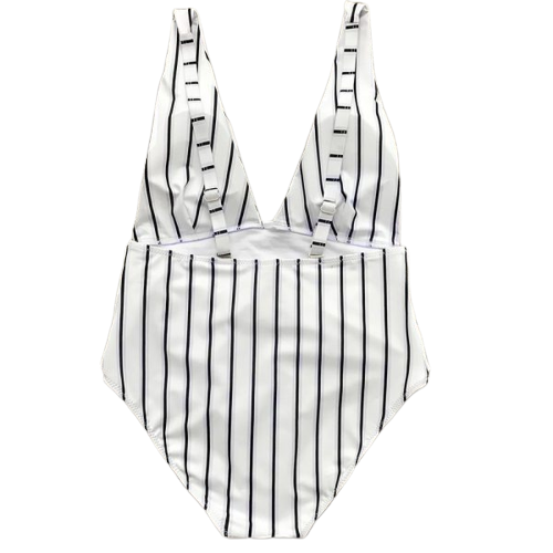 White Black Stripes Deep V-neck Open Back One-Piece Swimsuit