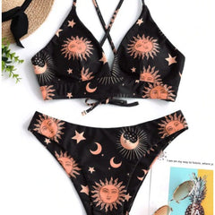 Sun Moon Star Print High Waist Bikini