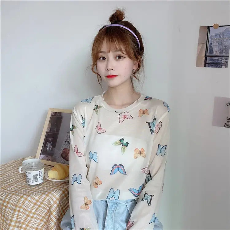 Butterfly Long Sleeved See through Sweatshirt With Tube