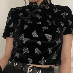 Butterfly Black Velvet Short-Sleeved Crop Top