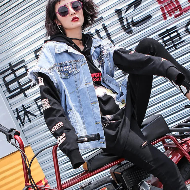 Women street rock metal punk fashion studded denim vest - UrbanWearOutsiders Women Jackets