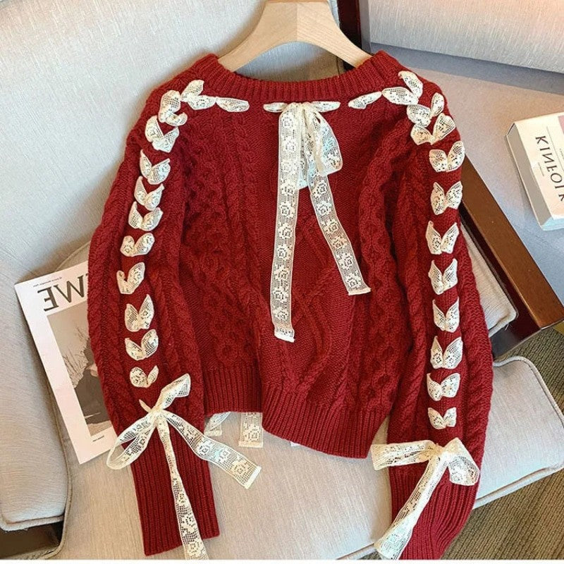 Cute Red Twists Ribbon Knit Sweater