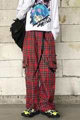 Retro Red Loose Plaid Pants