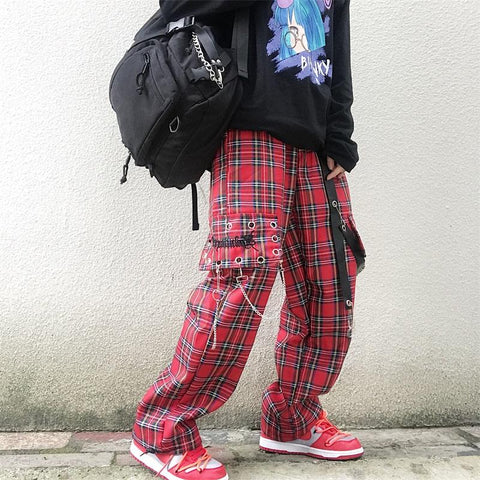 Retro Red Loose Plaid grunge Pants